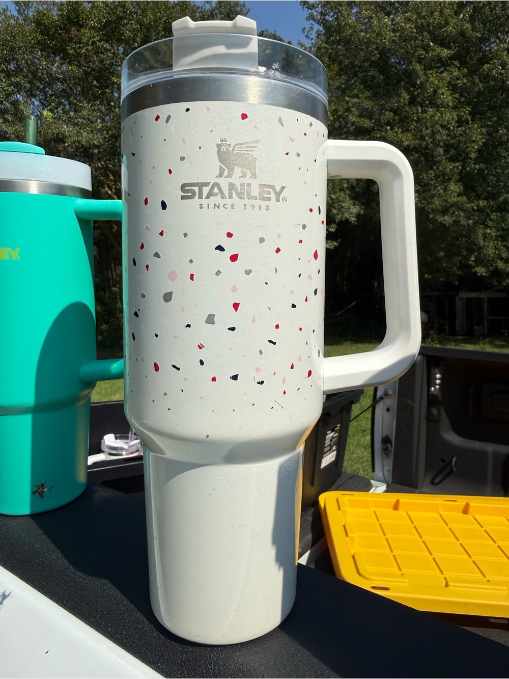 Stanley White Terrazzo Handle Travel Mug with Red and Gray Specks